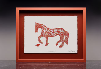 Sergio Pausig "Lipicanec"  vernice molle colore rosso serpau calcografico 29,7 x 21 cm.   collocata in teca di legno dipinto e plexiglass. 30 x 40 cm.   