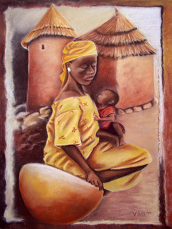 tableau peinture femme enfant africains pastel sec