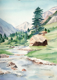 Pyrénées aquarelle torrent de  montagne
