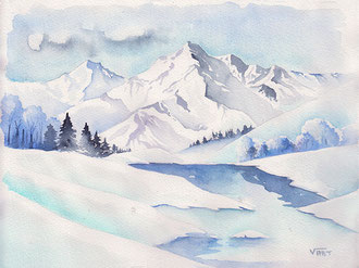 Pyrénées aquarelle paysage enneigé rivière