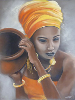 tableau peinture portrait femme pastel sec Afrique orange