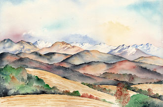 Pyrénées aquarelle piémont pyrénéen