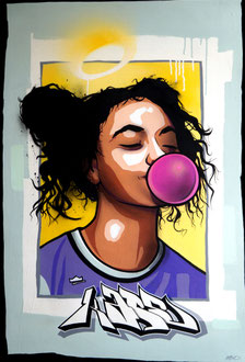 103x70cm. Acrylic and spray paint on wood. "Bubble gum" 2017