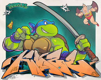 90x70cm. Acrylic and spray paint on canvas. " Tortues ninja " 2023