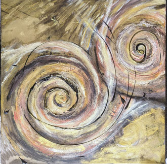 Spiralen mit gold und etwas orange, 60 x 60 cm