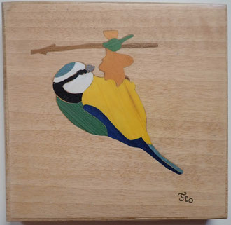 Mésange bleue - marqueterie - Atelier Eclats de Bois - 38 isère