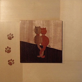 Chats sur palissade avec empreintes - marqueterie - Atelier Eclats de Bois - 38 isère