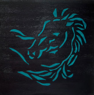 Tête de cheval Bleu  - marqueterie - Atelier Eclats de Bois - 38 isère