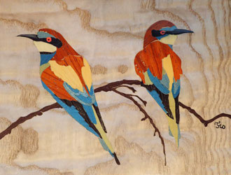 Guêpiers d'Europe  - marqueterie - Atelier Eclats de Bois - 38 isère