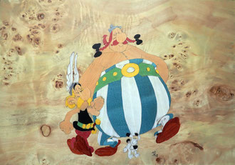 Astérix Obélix Idéfix - marqueterie - Atelier Eclats de Bois - 38 isère