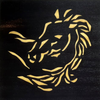 Tête de cheval Jaune - marqueterie - Atelier Eclats de Bois - 38 isère