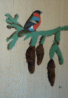 Bouvreuil sur un épicéa - marqueterie - Atelier Eclats de Bois - 38 isère