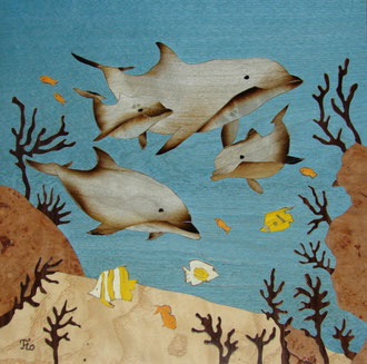 Dauphins - marqueterie - Atelier Eclats de Bois - 38 isère