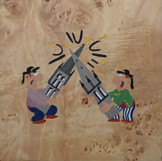 Expressions et Proverbes - Querelle de clochers - marqueterie - Atelier Eclats de Bois - 38 isère