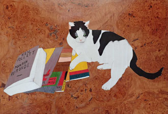 Nonette : Une vie de chat - marqueterie - Atelier Eclats de Bois - 38 isère
