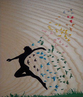 Envolée de bonheur - marqueterie - Atelier Eclats de Bois - 38 isère