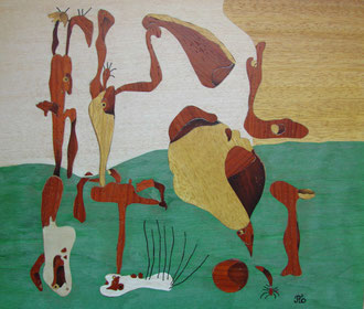 Figures devant une métamorphose d'après MIRO - marqueterie - Atelier Eclats de Bois - 38 isère