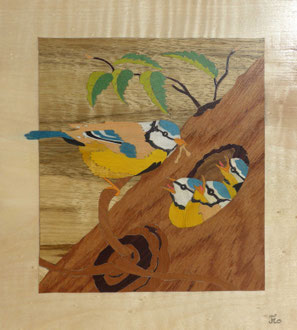 Éclosion - Mésanges au nid  - marqueterie - Atelier Eclats de Bois - 38 isère
