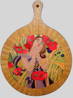 Calendrier - Mois d'août (d'après Mucha) - marqueterie - Atelier Eclats de Bois - 38 isère