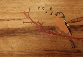 Expressions et Proverbes - Gai comme un pinson - marqueterie - Atelier Eclats de Bois - 38 isère