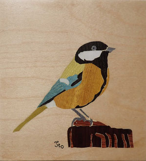 Mésange charbonnière - marqueterie - Atelier Eclats de Bois - 38 isère