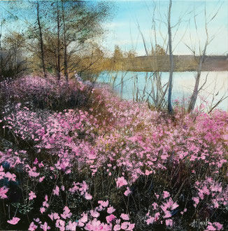 PINK SPRING MEADOW, 50x50 cm, Acryl/Leinen