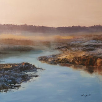 EVENING HAZE OVER THE LAKE, 90x90cm, Acryl/Leinen
