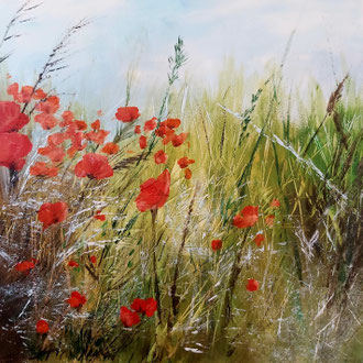 WILD GRASSES WITH POPPIES 2, 48x48 cm, Acryl auf Papier
