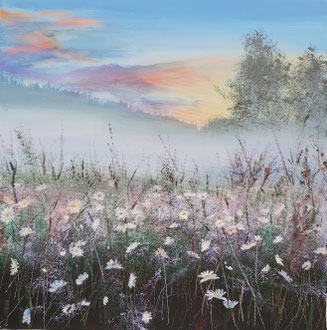 SPRING MEADOW IN THE RISING FOG, 50x50 cm, Acryl/Leinen