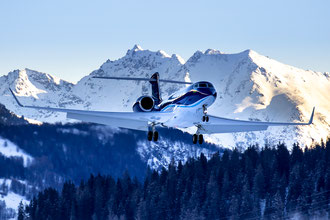 Gulfstream 650 on final runway 21, Samedan - St.Moritz, Switzerland