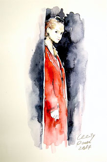 Frau im roten Mantel, Aquarellmalerei, Aquarellbild, Frau im Aquarell, Aquarellbild im Original kaufen, Aquarellbild im Auftrag erstellen, Cecily Park 