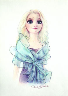 Elsa in Buntstiftzeichnung, Schöne Elsa, Elsa in prachvoller Kleidung, Feine Mangazeichnung, Mangazeichnung im Auftrag, Originalkunst