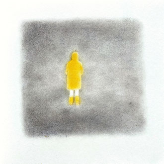 Illustration, Illustration in Pastell, Mädchen im Gelbregenmantel, Harmonie des Graues mit Gelb, Unendliches Grau, Cecily Park