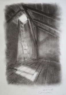 Zeichnung mit Kohle, Zeichnung der Innenarchitektur, Kohlenzeichnung, Originalkunst, Kunstkaufen, Cecily Park, Atelier am Rhein