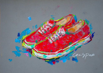 Pastellzeichnung, Zeichnung in Pastell, Rote Schuhe in Pastell, Stillleben, Expressionistische Zeichnung, Sammelstück für Kunstliebhaber, Auftragskunst