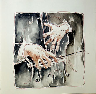Cellisthand, Hand des Cellisten, Aquarellmalerei, Tuschenmalere, Meisterwerke im Original, Originalkunst kaufen, Galerie Cecily Park 