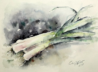 Aquarellmalerei, Stilleben in Aquarell, Porree in Aquarell, Zarte Grün der Porree, Aquarellmalerei, Originale kunst, Cecily Park