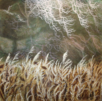 Rime on grass,  Oil on canvas 110x110  Sylvie Berman artiste peintre