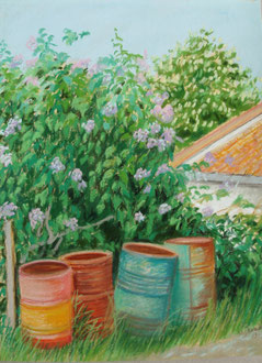 Lilacs, cans, pastel 11x9  Sylvie Berman artiste peintre