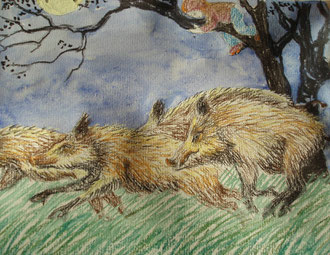 Where the boars run, aquarelle, pastel  Sylvie Berman artiste peintre