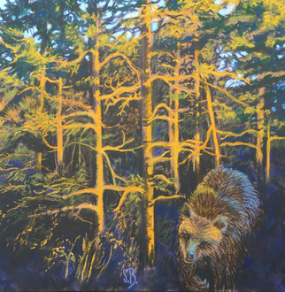 L'aube dans la forêt, pastel 40x40 cm( rencontre du totem)- Sylvie Berman artiste peintre