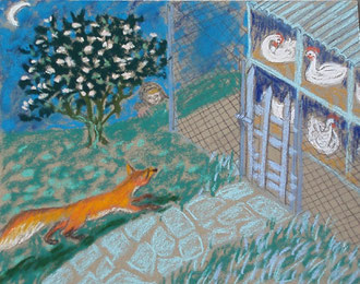 The Fox goes to the market, nearby  the poultry yard .  pastel 29x25 Sylvie Berman artiste peintre