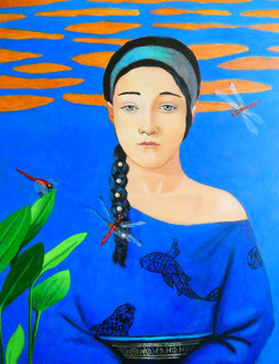 FEMME AUX LIBELLULES - Acrylique sur toile 56 x 65 cm