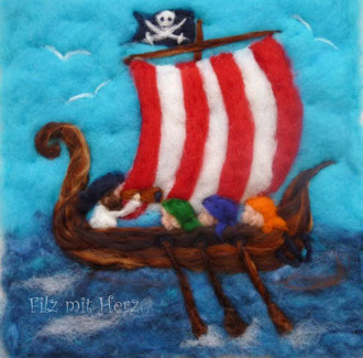 WOLLBILD PIRATENSCHIFF - FILZ MIT HERZ  FILZBILDER WOLLBILDER