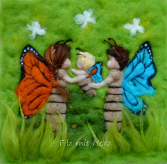 WOLLBILD KLEINER SCHMETTERLING - FAMILIE SCHMETTERLING - FILZBILDER FILZ MIT HERZ WOLLBILDER