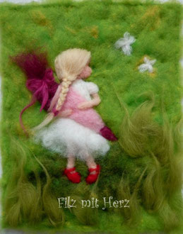 WOLLBILD MÄDCHEN MIT SCHULTÜTE/ZUCKERTÜTE - SCHULANFANG - FILZ MIT HERZ  FILZBILDER WOLLBILDER