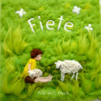WOLLBILD JUNGE MIT SCHAFEN MIT NAMEN - FILZ MIT HERZ FILZBILDER WOLLBILDER