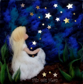 WOLLBILD STERNTALER- FILZ MIT HERZ  FILZBILDER WOLLBILDER