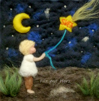 WOLLBILD JUNGE MIT STERNSCHNUPPE  FILZ MIT HERZ WOLLBILDER FILZBILDER
