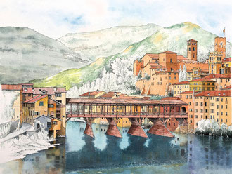 Ponte Vecchio - Bassano del Grappa   Aquarell, Farbtusche   43x41cm     2018